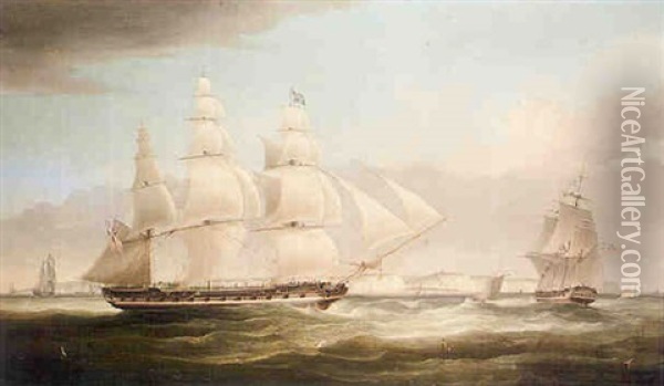 An East Indiaman Under Full Sail In Two Positions Off Dover Oil Painting - William John Huggins