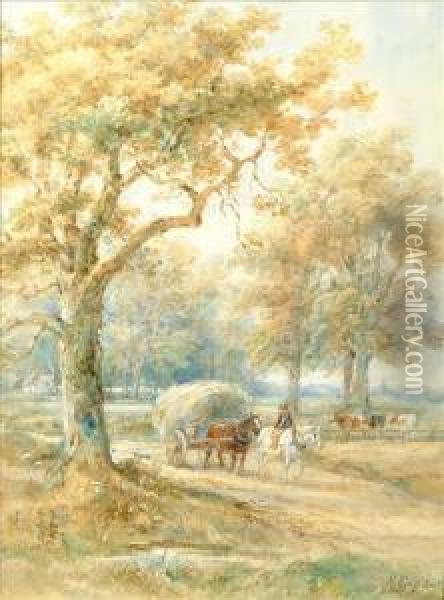 Snr. A Wooded Landscapewith A 
Hay Cart Passing Cattle With A Town In Thedisctancewatercolour And 
Bodycolour Oil Painting - Henry Earp