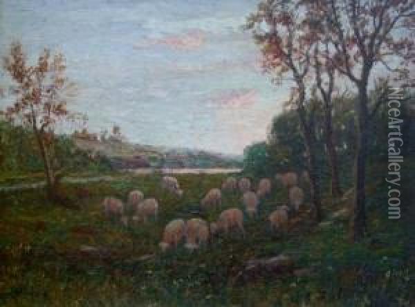 Shepherd And His Flock At Dusk Oil Painting - James C. Magee