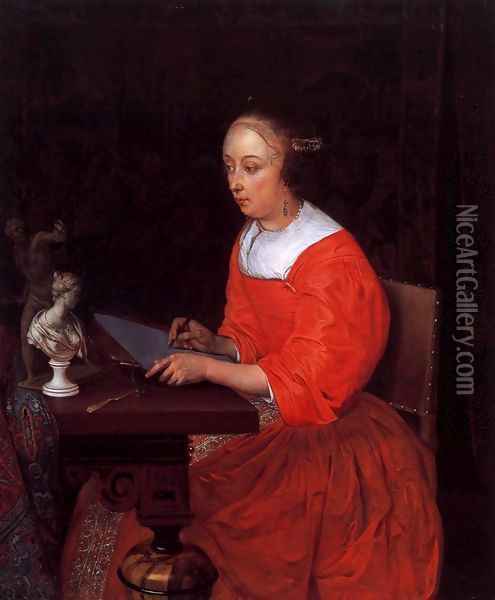 A Lady Drawing Oil Painting - Eglon van der Neer