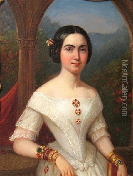 A Portrait Of A Lady, Three-quarter Length, Wearing A White Dress Oil Painting - Johan Goerbitz