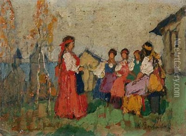Madchengruppe Auf Dem Dorfplatz Oil Painting - Konstantin Ivanovich Gorbatov