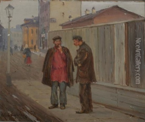 Men In Conversation, Arbat District, Moscow Oil Painting - Michael Abramovitch Balunin