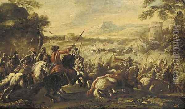 A cavalry battle before a fortified town Oil Painting - Filippo Napoletano
