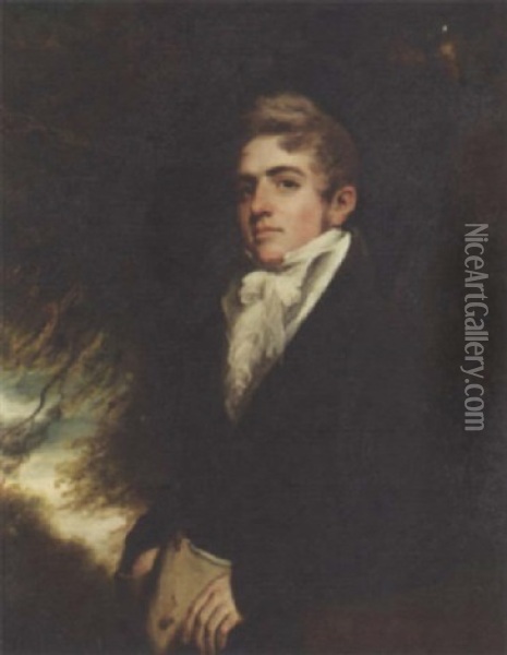 Portrait Of James Heywood Markland In A White Shirt And Brown Coat, Before A Tree Oil Painting - Sir John Hoppner