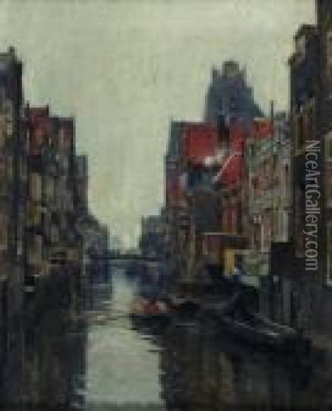 Gracht In Delft Oil Painting - Heinrich Hermanns