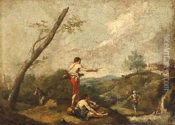 An Italianate Landscape with Fishermen on the Banks of a Stream, a Water Carrier nearby Oil Painting - Francesco Zuccarelli