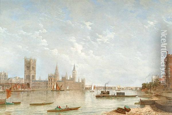 A Calm Day Off The Houses Of Parliament Oil Painting - Henry Pether