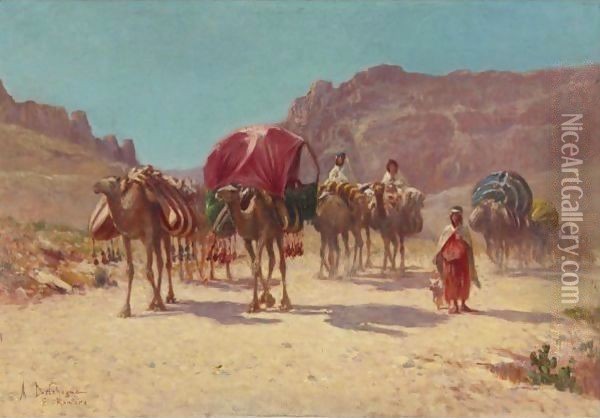 An Algerian Caravan In El Kantara Oil Painting - Alexis Auguste Delahogue