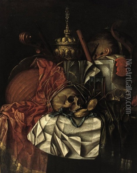 A Skull, A Gold Pocket Watch, An Hour Glass, A Globe, Musical Instruments, A Gold Tazza And An Open Book On A Partially Draped Table: A Vanitas Oil Painting - Franciscus Gysbrechts