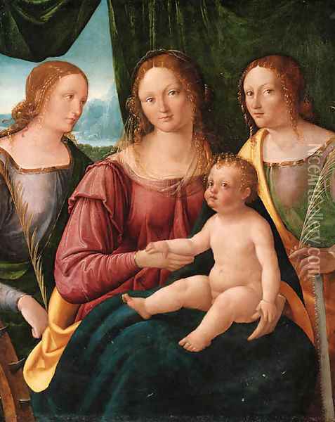 The Madonna and Child with Saint Catherine of Alexandria and another Saint Oil Painting - Giovanni Agostino Da Lodi
