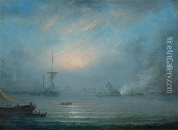 A Nocturnal Battle Scene At Sea Oil Painting - Alexandre Jean Noel