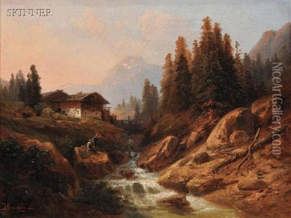 Fishing In The Northern Alps Oil Painting - Heinrich Karl Bruckner