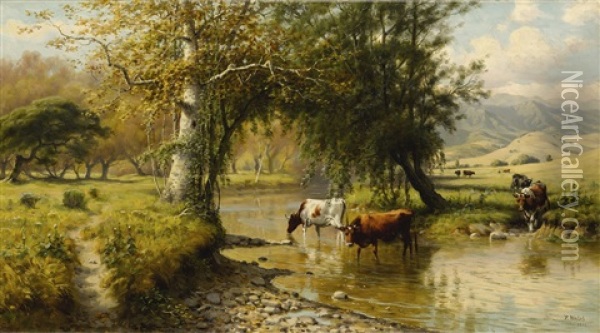 Cattle Watering Under An Oak Tree Oil Painting - Thaddeus Welch