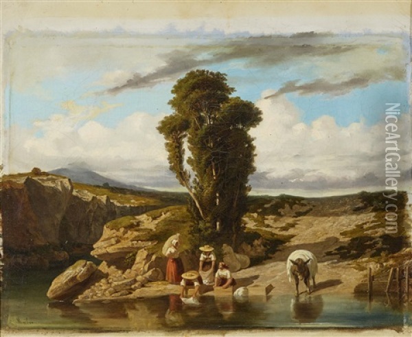 Wascherinnen Am Flussufer Oil Painting - Philippe Marbeau