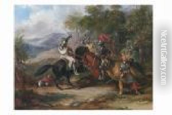 Medieval Knights Skirmishing In A Woodland Clearing Oil Painting - Sir John Gilbert