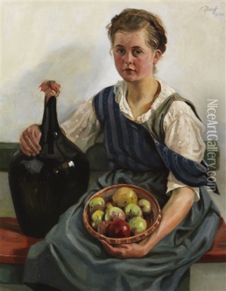 Madchen Mit Obstkorb Und Weinflasche Oil Painting - Otto Keck