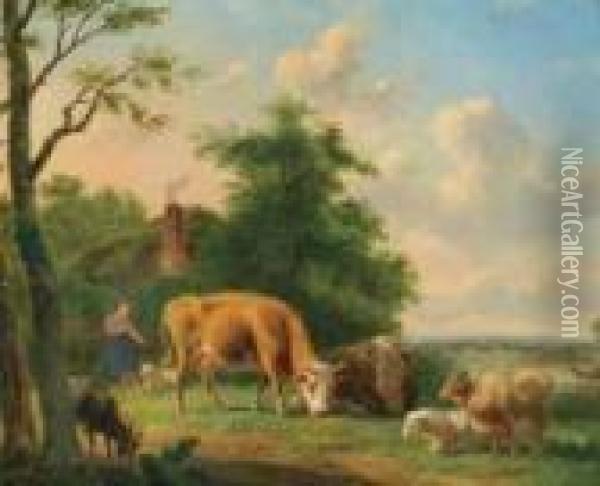 Cattle, Sheep And Goats With Girl In Landscape Oil Painting - Jan Van Ravenswaay