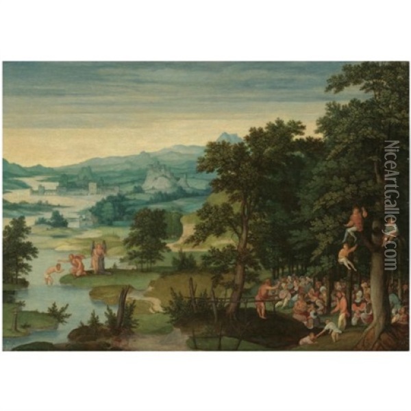 A River Landscape With St. John The Baptist Preaching And The Baptism Of Christ Oil Painting - Cornelis Massys