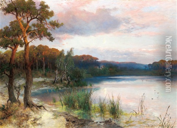 Landscape With Lake Oil Painting - Heinrich Hiller