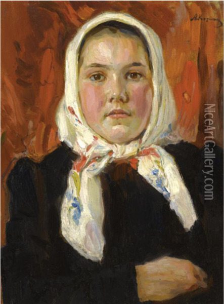 Russian Peasant Girl Oil Painting - Aleksei Mikhailovich Korin