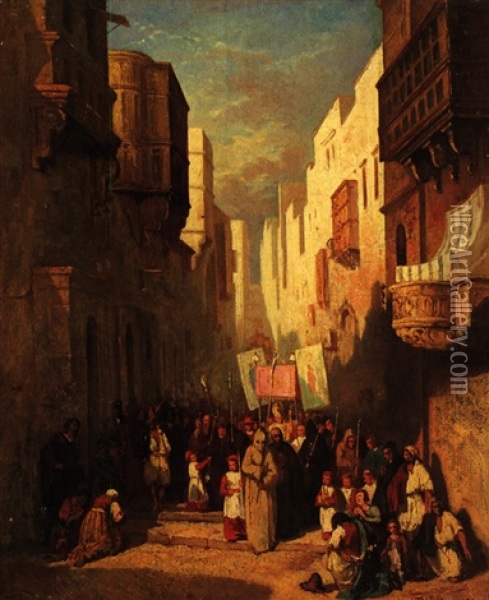 Prozession In Den Gassen Von La Valetta - Malta Oil Painting - Victor Nehlig