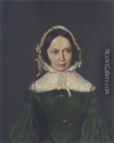 Portrait Of A Lady, In A Green Dress With A Lace Collar And White Bonnet Oil Painting - Karl Braeuer