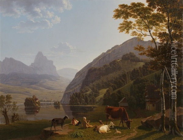Lauerzersee Mit Hirten Im Vordergrund / Lake Lauerz With Shepherds In The Front Oil Painting - Johann Jakob Biedermann