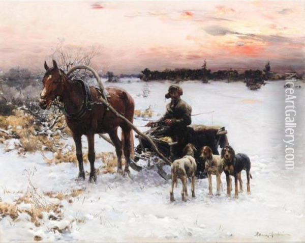 A Horse-drawn Sleigh At Dusk Oil Painting - Alfred Wierusz-Kowalski