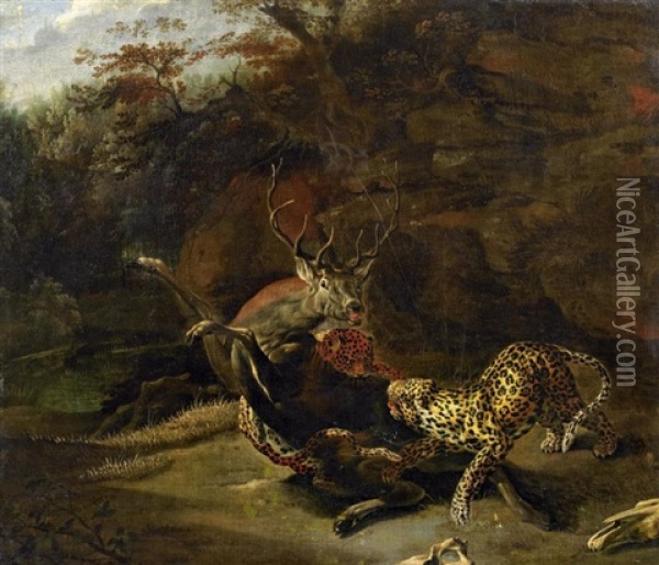 Jagdstuck Mit Leoparden Einen Hirschen Reisend Oil Painting - Carl Borromaus Andreas Ruthart