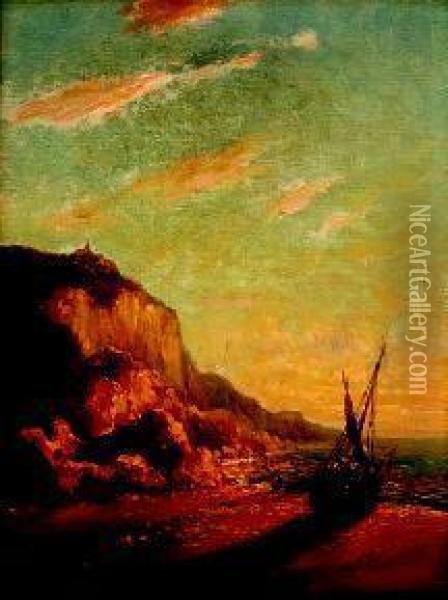 Veduta Costiera Al Tramonto Con Nave In 
Secca Oil Painting - Frederich Theodore Lix