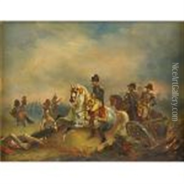 Napoleon Bonaparte On Horseback Post-battle Oil Painting - Francois Aime Louis Dumoulin