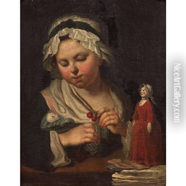 Petite Fille Donnant Des Cerises A Ses Poupees Oil Painting - Michel Honore Bounieu
