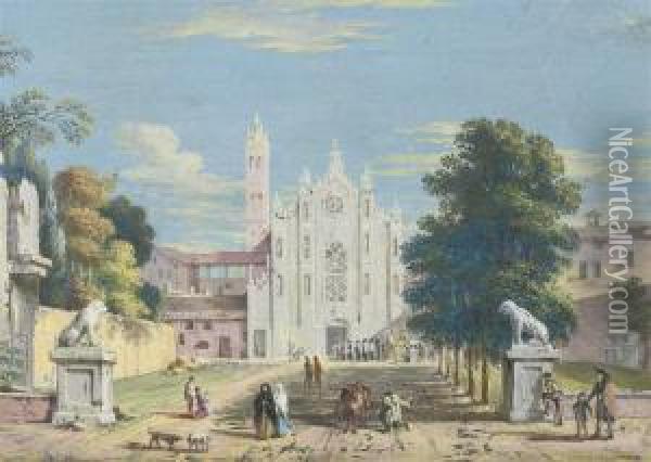 View Of A Gothic Church With Figures In Procession Outside Thedoor Oil Painting - Marco Ricci