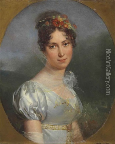Portrait Of A Lady, Half-length, In A Silver Dress And With Flowers In Her Hair, A Landscape Beyond, In A Painted Oval Oil Painting - Francois Pascal Simon Gerard