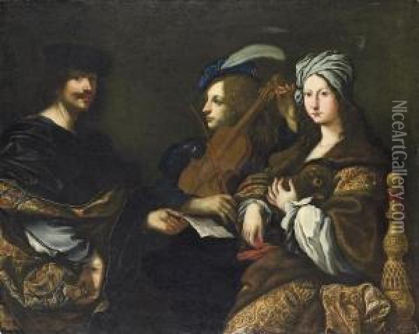Portrait Of The Artist, Half-length, Holding A Sheet Of Music, With A Violinist And A Lady Holding A Lap Dog Oil Painting - Giovanni Battista Vanni