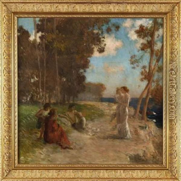Jeunes Femmes En Bord De Riviere Oil Painting - Henri Lerolle