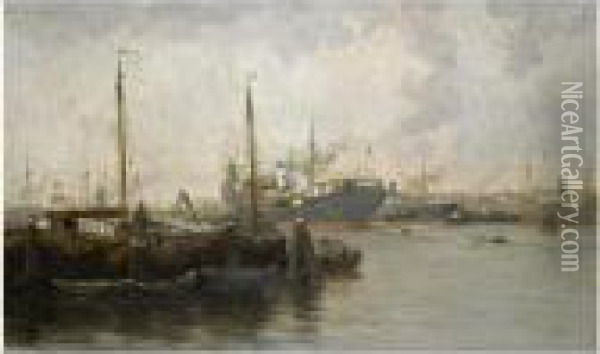 A Busy Harbour Oil Painting - Willem George Fred. Jansen