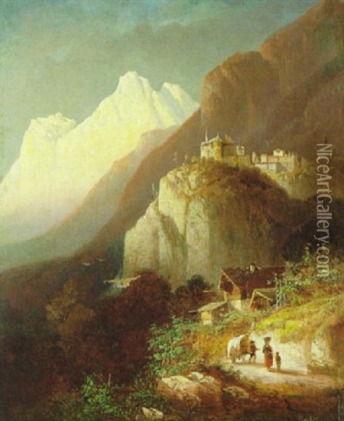Blick Auf Dorf Und Schlos Tirol Oil Painting - Ferdinand Feldhuetter