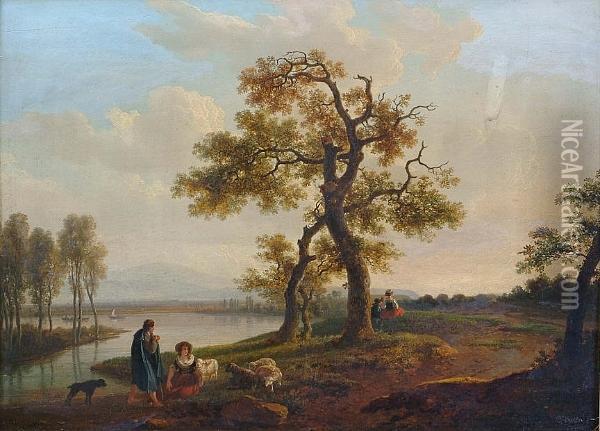 A River Landscape With A Shepherd And Shepherdess Resting On A Bank Oil Painting - Jean-Baptiste Bocquet