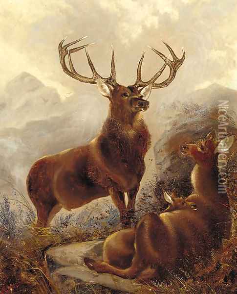A stag with doe in a highland landscape Oil Painting - Robert Cleminson