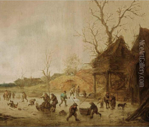 A Winter Landscape With Skaters,
 Children Playing Kolf And Figures With Sledges On The Ice Near A Bridge Oil Painting - Isaack Jansz. van Ostade