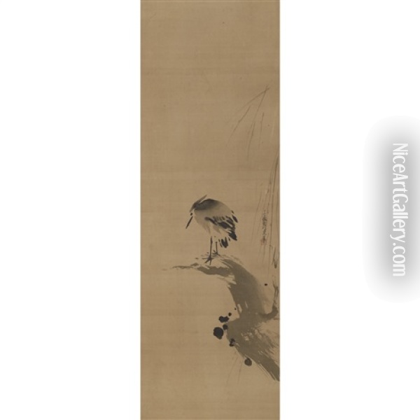 Crane Balanced On A Branch Oil Painting - Tsunenobu Kano