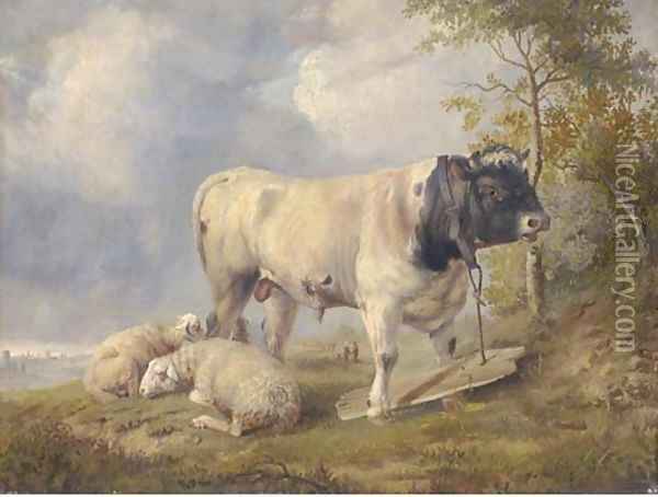 Sheep and a bull in a river landscape Oil Painting - Thomas Sidney Cooper