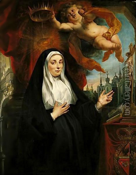 Portrait Of The Infanta Isabella Clara Eugenia, As A Nun, Half-Length In Prayer Before A Crucifix And Crowned By A Cherub, With An Abbey Beyond Oil Painting - Jacob Jordaens