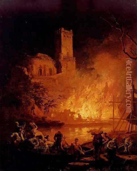 A River Landscape With Figures Fleeing A Burning City Oil Painting - Pierre-Jacques Volaire