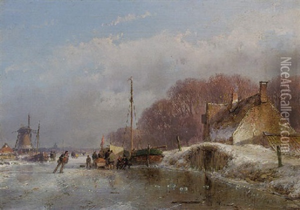A Winter Landscape With Skaters And A 'koek En Zopie' On A Frozen River Oil Painting - Andreas Schelfhout