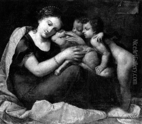 A Woman Seated And Holding A Lamb, With Two Children        Looning On Oil Painting - Pietro (Libertino) Liberi