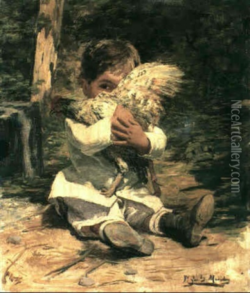 Young Boy With A Chicken Oil Painting - Manuel Gonzalez Mendez
