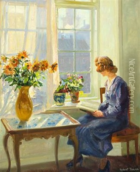 Interior With Reading Woman In A Sunny Room Oil Painting - Robert Panitzsch